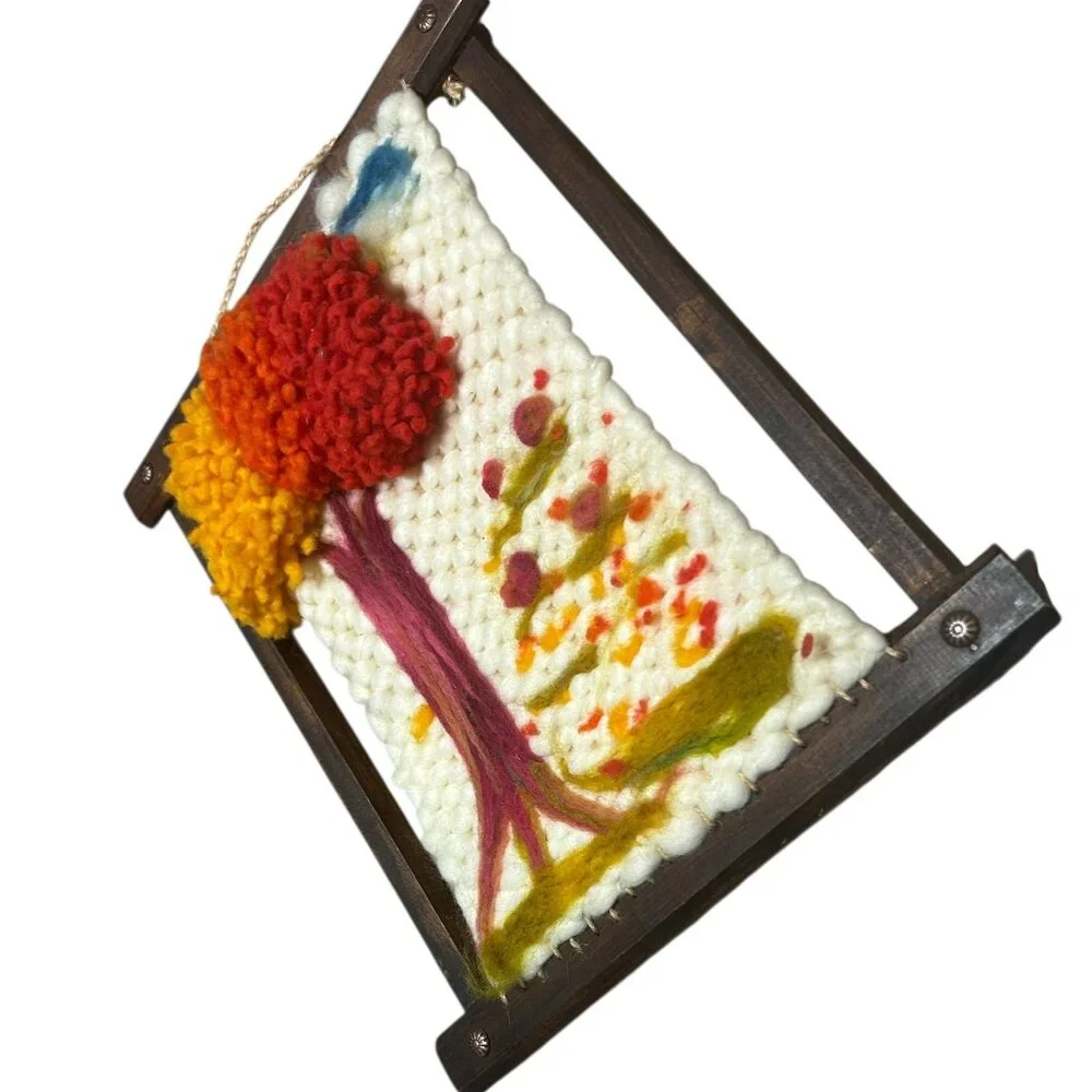Vtg Handmade Fiber Art Tree Scene Weaving Rug Hooking Wool Felting Boho Wall Art - Picture 4 of 7